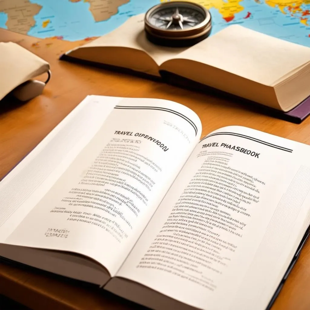 Open travel phrasebook with compass and map in the background